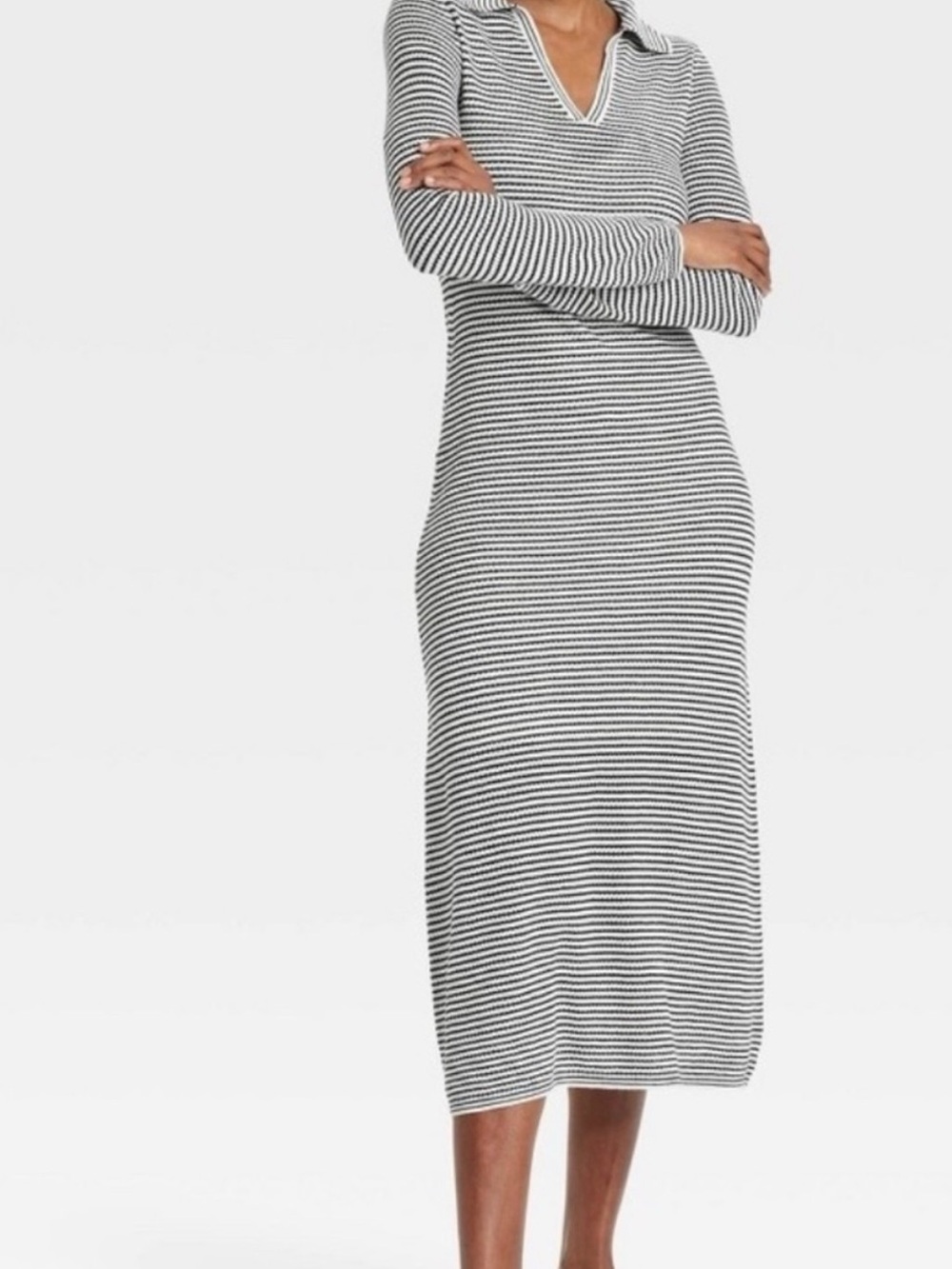 a new day Black and White Striped Long Sleeve Midi Dress